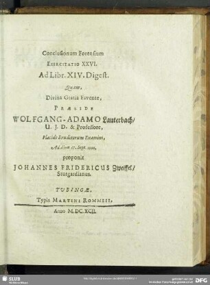 Conclusionum Forensium Exercitatio XXVI. Ad Libr. XIV. Digest.