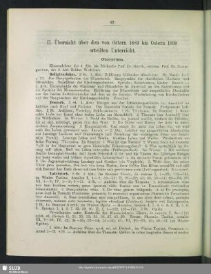 II. Übersicht über den von Ostern 1889 bis Ostern 1890 erteilten Unterricht
