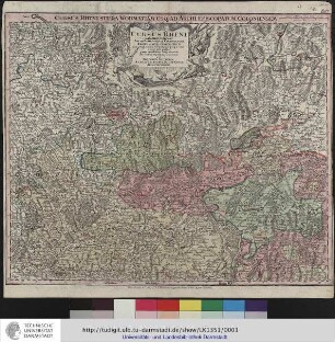 Cursus Rheni a Basilea usque ad Archi=Episcopatum Coloniensem, Tribus Mappis Geographicis, quae conglutinari et separatim quoque emi et usur pari possunt, juxta novissimam designationem aeri incisus et publici juris factus per Matthaeum Seutterum, S. Caes. Et Reg. Cathol. Majest. Geogr. [Sektionstitel 3:] Cursus Rheni Supra Wormatiam Usq[ue] Ad Archi=Episcopatum Coloniensem. Cum Gratia et Privil. S. R. I. Vicariatus... Augsburg: Seutter, [ca. 1740]
