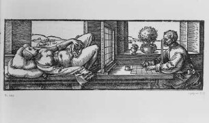 Der Zeichner der Perspektive (Zeichner eines Frauenaktes) : Dürer, Albrecht: Der Zeichner der Perspektive (Zeichner eines Frauenaktes). Holzschnitt. Dresden, Staatliche Kunstsammlungen Dresden (SKD), Kupferstich-Kabinett