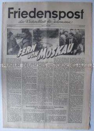 Wochenzeitung der DSF "Friedenspost" u.a. zur "Europäischen Arbeiterkonferenz" in Berlin (DDR)