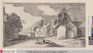 [Drei Bauer rasten auf einer Kreuzung in einem Dorf; Three Peasants resting at a Crossroad in a Village]