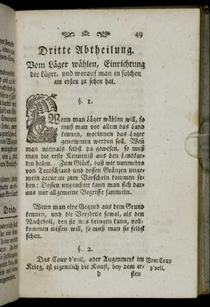 Dritte Abtheilung. Vom Läger wählen, Einrichtung der Läger, und worauf man in solchen am ersten zu sehen hat.