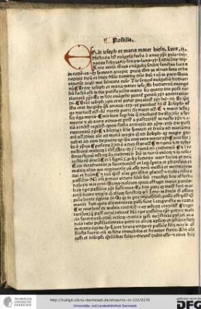 Postilla. Erant Ioseph... Ante initium illius evangelii scribit sanctus Lucas in eodem capitulo quod Symeon accepit puerum...