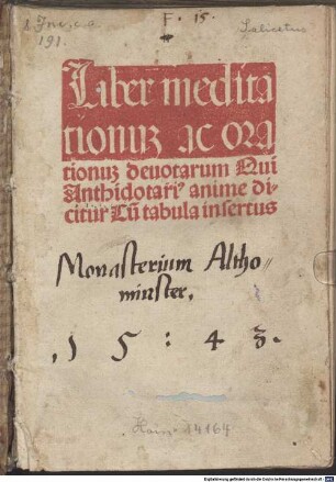 Liber meditationum ac orationum deuotarum Qui Anthidotari[us] anime dicitur : Cu[m] tabula insertus