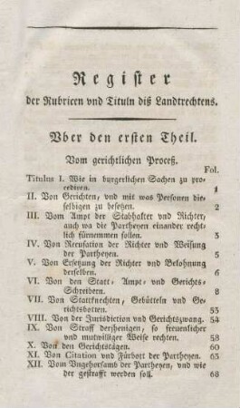 Register der Rubricen und Tituln diß Landtrechtens.