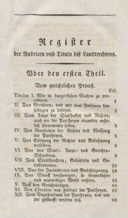 Register der Rubricen und Tituln diß Landtrechtens.