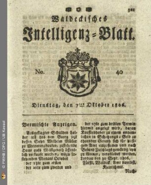 No. 40. Dienstag, den 7ten Oktober 1806
