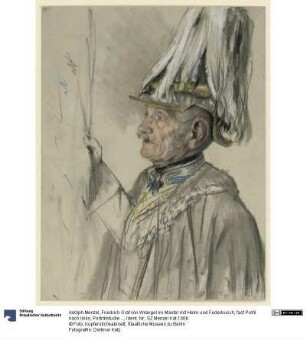 Friedrich Graf von Wrangel im Mantel mit Helm und Federbusch, fast Profil nach links, Porträtstudie zu "Die Krönung Wilhelms I. in Königsberg"