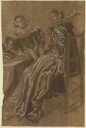 Zwei reichgekleidete holländische Frauen an einem Tisch sitzend, die vordere hat ihr Gesicht gegen den Beschauer gedreht, die weiter zurücksitzende blickt auf die erstere