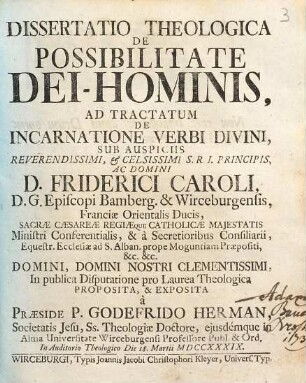 Dissertatio Theologica De Possibilitate Dei-Hominis : Ad Tractatum De Incarnatione Verbi Divini