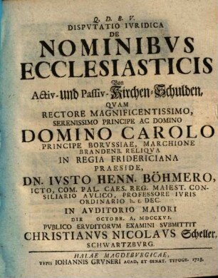 Dispvtatio Ivridica De Nominibvs Ecclesiasticis : = Von Activ- und Passiv-Kirchen-Schulden