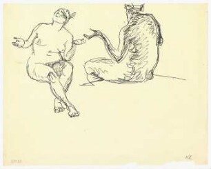 Aktstudien : Eine weibliche Figur sitzend, nach oben blickend mit gehobenen Unterarmen von vorn dargestellt; eine Figur sitzend, nach unten blickend mit gehobenen Unterarmen von hinten dargestellt