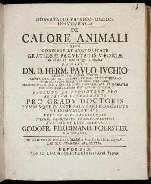 Dissertatio Physico-Medica Inauguralis De Calore Animali : Die XIX. Decembr. M DCC XLVI.