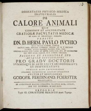 Dissertatio Physico-Medica Inauguralis De Calore Animali : Die XIX. Decembr. M DCC XLVI.