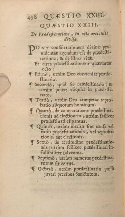 Quaestio XXIII. De Praedestinatione, in octo articulos divisa.