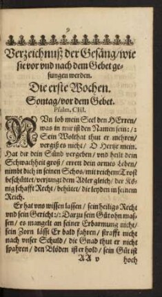 Verzeichnuß der Gesäng/ wie sie vor und nach dem Gebet gesungen werden