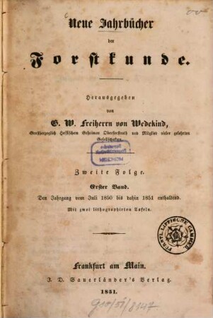Neue Jahrbücher der Forstkunde. 1, 1. 1851