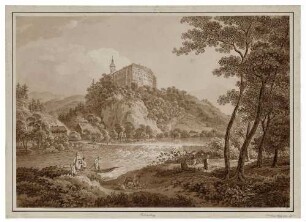 Das Schloss Sachsenburg nördlich von Frankenberg/Sachsen über das Wehr im Zschopautal von Westen gesehen