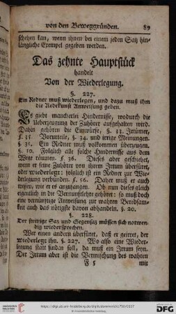 Das zehnte Hauptstück handelt von der Wiederlegung