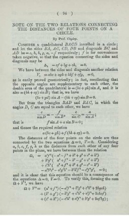 Note on the two relations connecting the distances of four points on a circle.