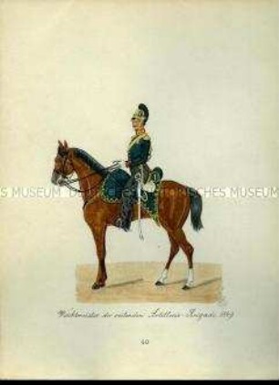 Uniformdarstellung, Wachtmeister der Reitenden Artillerie-Brigade zu Pferd, 1849. Aus: Sammelmappe "Sachsens Militär", Königliche Arsenalsammlung.