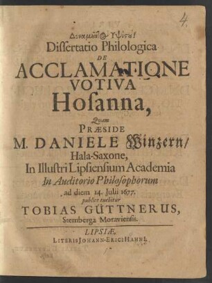 Dissertatio Philologica De Acclamatione Votiva Hosanna