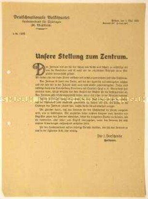 Programmatische Stellungnahme des Vorsitzenden der DNVP Hartmann zur Position gegenüber dem Zentrum