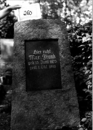 Grabstein 260 (Index: 100109510) Material: Granit Zustand: gut Maße HxBxT: 140x55x25 cm Beschreibung: konische Stele, Segmentbogenabschluß, konische Schriftplatte: Grabstein 260