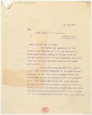 Brief an Julius Weismann : 16.05.1924