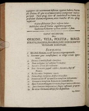 Caput Secundum. De Origine, Vita, Politia, Magistratu, Ducibus, Regibus, Jure Non Scripto Veterum Saxonum.