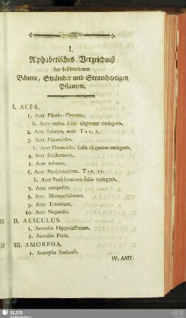 I. Alphabetisches Verzeichniß der beschriebenen Bäume, Sträucher ud Strauchartigen Pflanzen