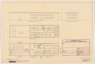 Tonfilmatelier (Filmstadt), Berlin-Gatow: Verwaltungsgebäude: Grundrisse EG, OG, 2 Ansichten 1:200