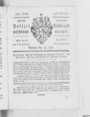 29tes Stück., Ausgabe vom 18. Juli 1781