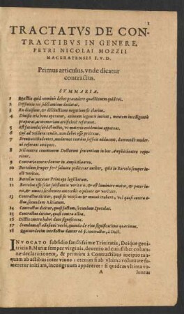 Primus articulus, unde dicatur contractus. Summaria.