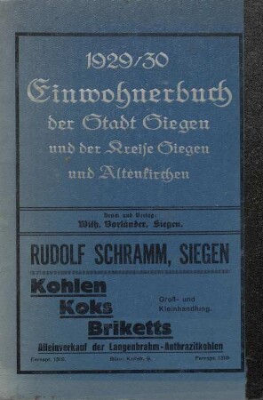 Einwohnerbuch der Stadt Siegen und der Kreise Siegen und Altenkirchen 1929/1930