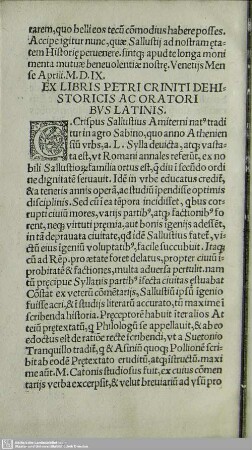 Ex Libris Petri Criniti De Historicis Ac Oratoribus Latinis
