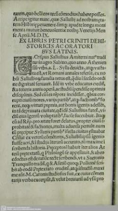Ex Libris Petri Criniti De Historicis Ac Oratoribus Latinis