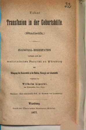 Ueber Transfusion in der Geburtshülfe : Statistik