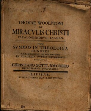 Thomae Woolstoni De Miracvlis Christi Paralogismorvm Examen