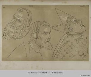 Köpfe zweier Geistlicher und einer Bischofs aus dem Giotto-Zyklus von Assisi (Szenen IX und XXVIII)