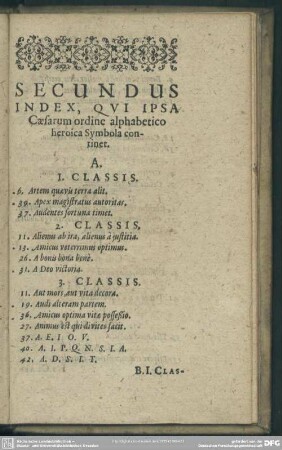 Secundus Index, Qui Ipsa Caesarum ordine alphabetico heroica Symbola continet