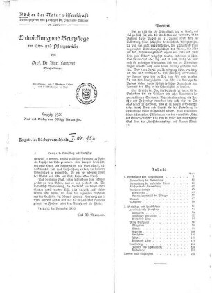 Kopie des Buchtitels: " Entwicklung und Brutpflege im Tier und Pflanzenreiche" von Kurt Lampert