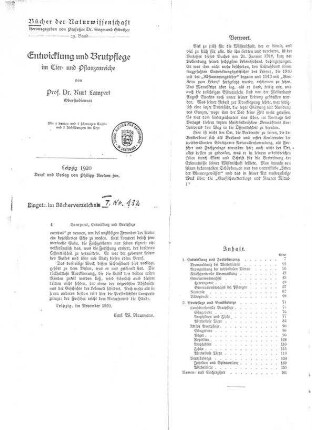 Kopie des Buchtitels: " Entwicklung und Brutpflege im Tier und Pflanzenreiche" von Kurt Lampert