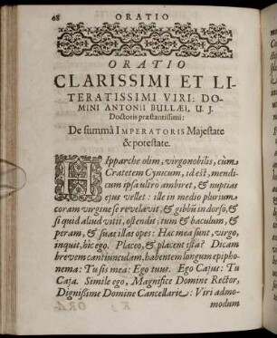 Oratio Clarissimi Et Literatissimi Viri: Domini Antonii Bullæi, U. J. Doctoris præstantissimi: De summa Imperatoris Majestate & potestate.