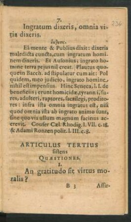 Articulus Tertius sistens Quaestiones.