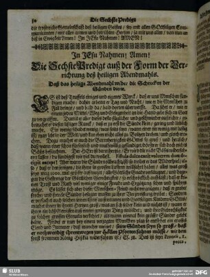 Die Sechste Predigt auß der Form der Verrichtung deß heiligen Abendmahls