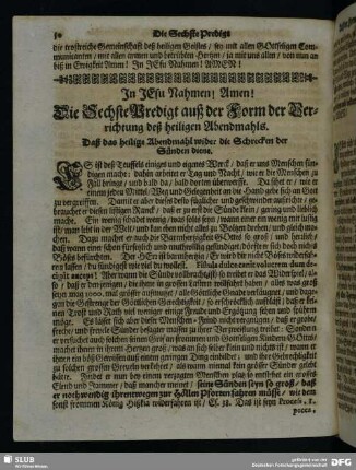 Die Sechste Predigt auß der Form der Verrichtung deß heiligen Abendmahls
