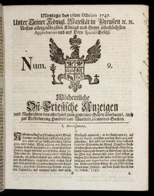 Num. 9. Montags den 16ten Octobris 1747.