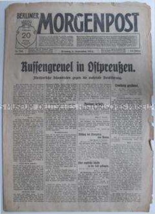 Tageszeitung "Berliner Morgenpost" über die Kriegführung der russischen Armee in Ostpreußen ("Russengreuel")